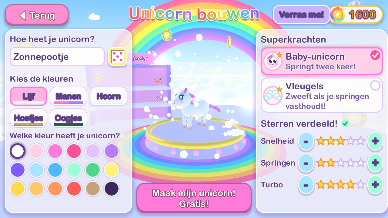 The unicorn builder: colour choices on the left, a baby unicorn preview in the middle, and super powers plus star sliders for speed, jumping and turbo on the right.