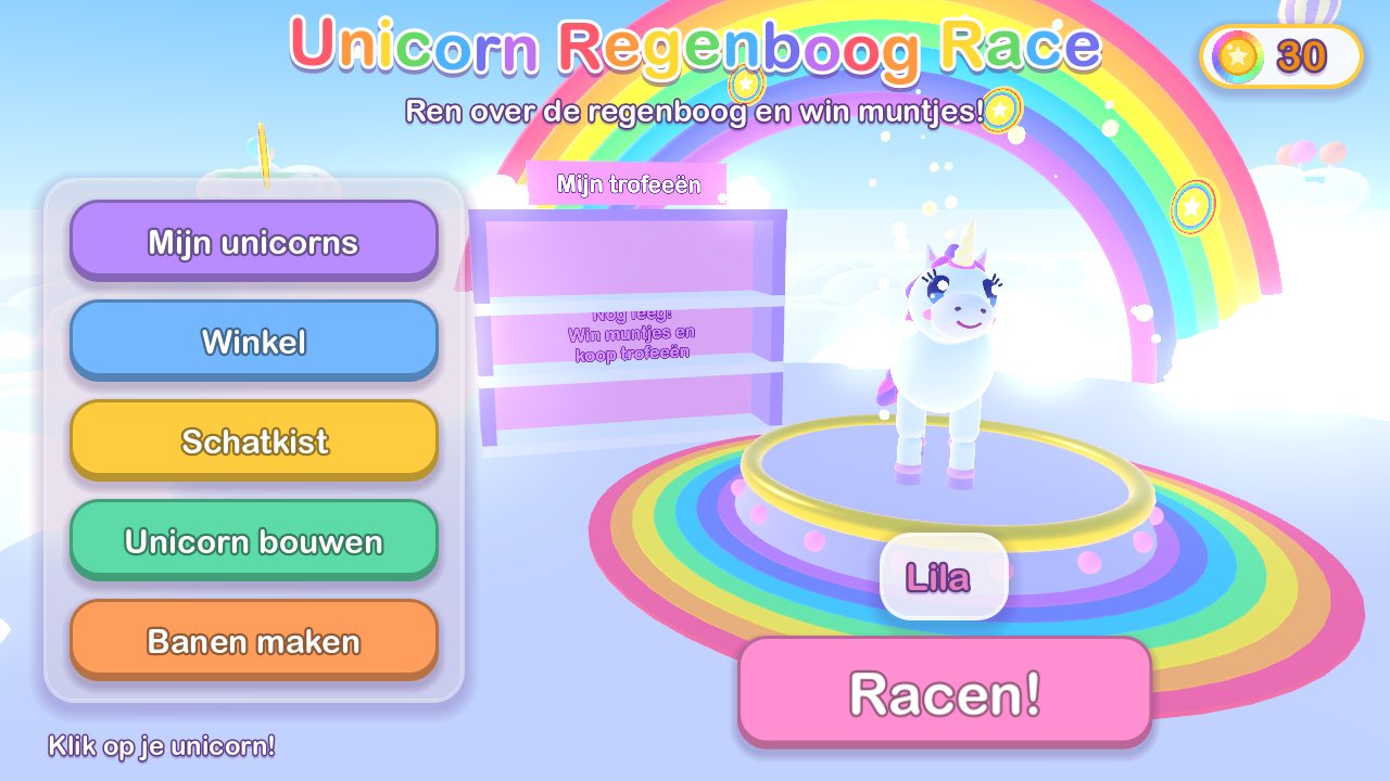 Home screen: a white unicorn named Lila stands on a rainbow platform under a big rainbow, next to big buttons for My unicorns, Shop, Treasure chest, Build a unicorn and Make tracks.