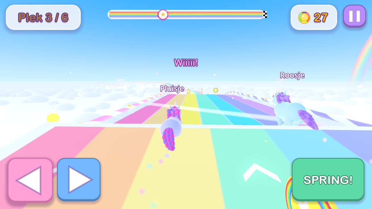 Racing on the rainbow: the player's unicorn runs between unicorns called Pluisje and Roosje, with large left, right and jump buttons at the bottom of the screen.